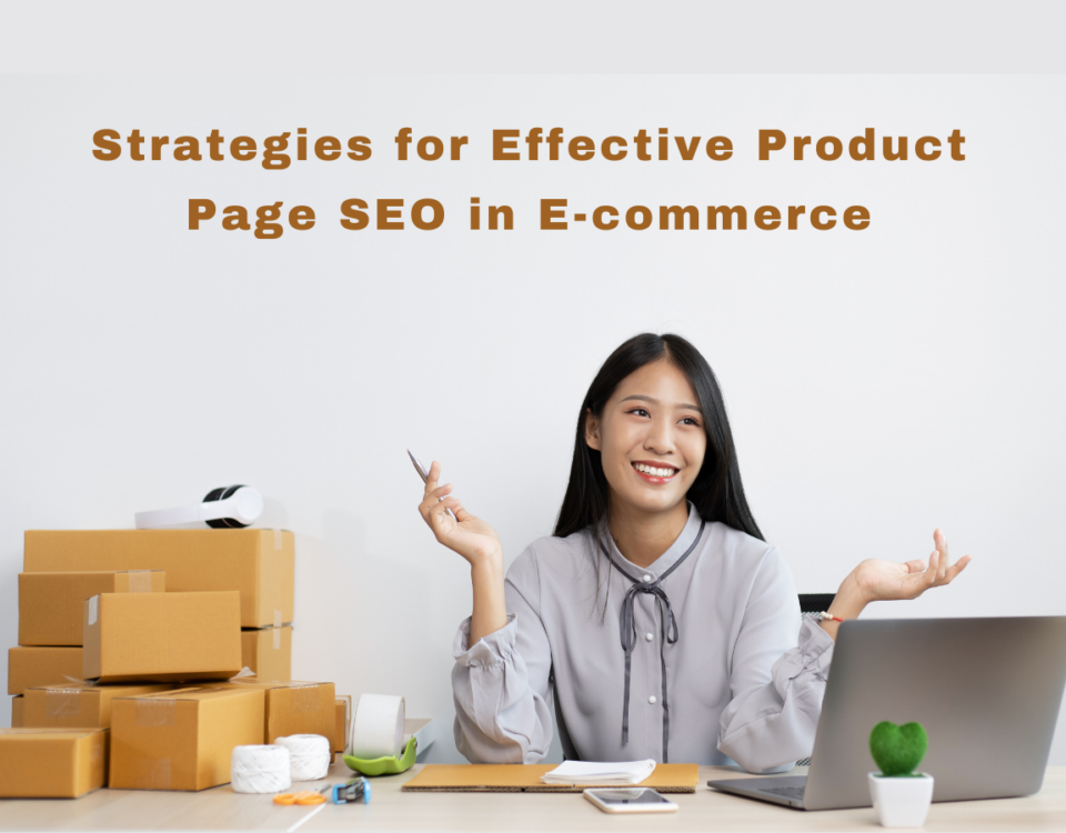 a photo with text Strategies for Effective Product Page SEO in E-commerce and women sitting